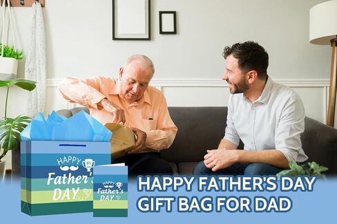 JUESMOS 13" Large Father's Day Gift Bag With Tissue Paper Happy Fathers Day Paper Gifts Bag Blue Stripe Paper Bags with Greeting Card for Men Dad Father Grandpa Party Favor Supplie in Kuwait