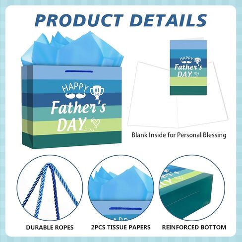 JUESMOS 13" Large Father's Day Gift Bag With Tissue Paper Happy Fathers Day Paper Gifts Bag Blue Stripe Paper Bags with Greeting Card for Men Dad Father Grandpa Party Favor Supplie in Kuwait