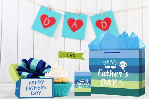 JUESMOS 13" Large Father's Day Gift Bag With Tissue Paper Happy Fathers Day Paper Gifts Bag Blue Stripe Paper Bags with Greeting Card for Men Dad Father Grandpa Party Favor Supplie in Kuwait