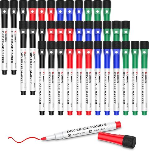 Comix Magnetic Dry Erase Markers, Fine Tip Whiteboard Markers with Eraser Cap, 36 Count 4 Colors Low Odor Black Markers for Kids Teachers in Kuwait