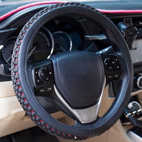 Evankin Steering Wheel Cover,Black and Red Leather with Braided Design, Excellent Grip, Breathable, Anti Slip & Odor FreeWarm in Winter and Cool in Summer, Universal 15 Inches(Black Red) in Kuwait