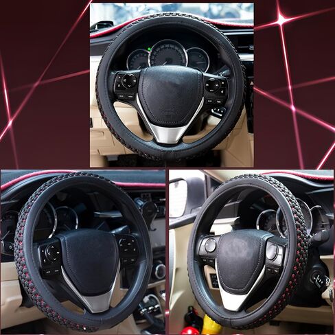 Evankin Steering Wheel Cover,Black and Red Leather with Braided Design, Excellent Grip, Breathable, Anti Slip & Odor FreeWarm in Winter and Cool in Summer, Universal 15 Inches(Black Red) in Kuwait