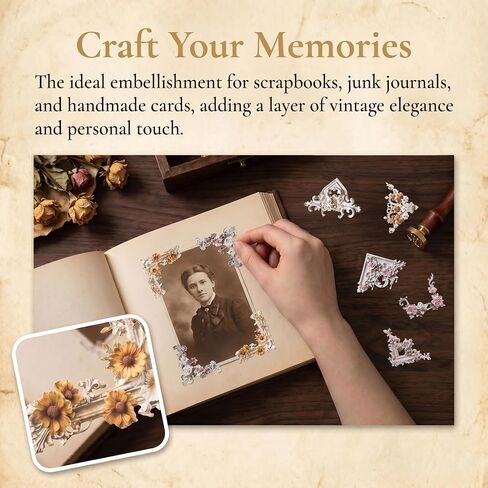 40pcs Vintage Frame Corners Scrapbook Paper, Non-Sticky Flower Embossed Decorative Photo Frame Border Papers, Retro Photo Border Embellishments for Scrapbook Album Decor Card Making in Kuwait