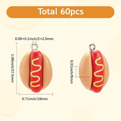 SUNNYCLUE 60Pcs Hot Dog Charm Fast Food Resin Charms Bulk Flat Back 3D Imitation Foods Hotdog Shaped Small Pendants with Silver Iron Loop for Jewelry Making Bracelets Keychain DIY Crafts Supplies in Kuwait
