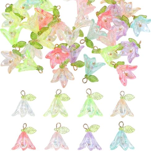Mabor 32Pcs Flower Charms for Jewelry Making Lily of the Valley Pendants Aesthetic Floral Plastic Dangle Charms for DIY Crafts Necklace Earring Jewelry Making Decoration, Colored in Kuwait