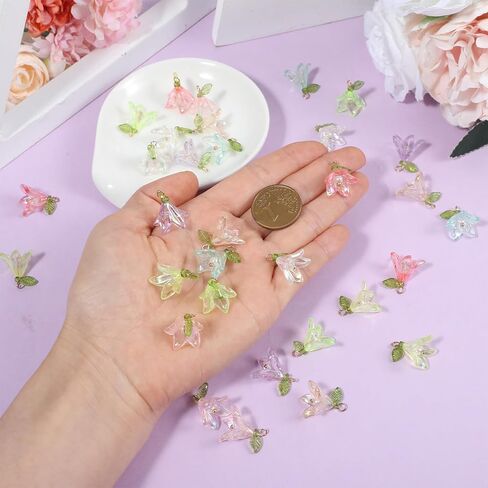Mabor 32Pcs Flower Charms for Jewelry Making Lily of the Valley Pendants Aesthetic Floral Plastic Dangle Charms for DIY Crafts Necklace Earring Jewelry Making Decoration, Colored in Kuwait