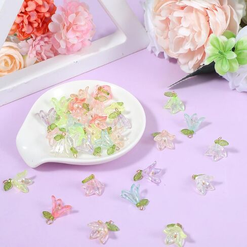 Mabor 32Pcs Flower Charms for Jewelry Making Lily of the Valley Pendants Aesthetic Floral Plastic Dangle Charms for DIY Crafts Necklace Earring Jewelry Making Decoration, Colored in Kuwait