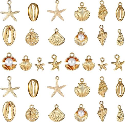 32 Pcs Summer Beach Charms for Jewelry Making, Starfish Conch Sea Shell Pendants DIY Charms Sea Necklace Pendant for Women Jewelry for DIY Bracelet Necklace Earrings Making Crafting in Saudi Arabia