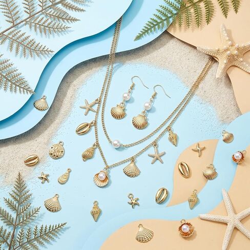 32 Pcs Summer Beach Charms for Jewelry Making, Starfish Conch Sea Shell Pendants DIY Charms Sea Necklace Pendant for Women Jewelry for DIY Bracelet Necklace Earrings Making Crafting in Saudi Arabia