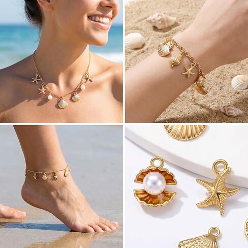 32 Pcs Summer Beach Charms for Jewelry Making, Starfish Conch Sea Shell Pendants DIY Charms Sea Necklace Pendant for Women Jewelry for DIY Bracelet Necklace Earrings Making Crafting in Saudi Arabia