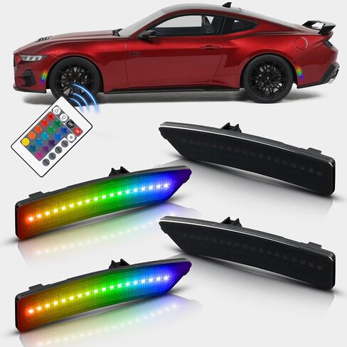 RGB LED Side Marker Lights Compatible with 2024-2025 Ford Mustang Gen7/S650, Assembly Front & Rear Smoked Lens Fender Bumper Lamps, Pack of 4 in Kuwait