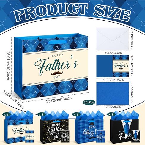 Kolldenn 4 Pcs 13" Father's Day Gift Bags with Tissue Paper & Greeting Cards Happy Father's Day Paper Gifts Bag with Handles Black and Blue Party Favors Bulk for Grandpa Men Dad Uncle, 4 Styles in Kuwait