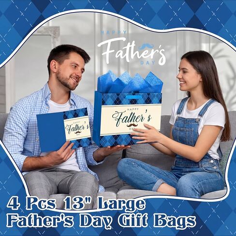 Kolldenn 4 Pcs 13" Father's Day Gift Bags with Tissue Paper & Greeting Cards Happy Father's Day Paper Gifts Bag with Handles Black and Blue Party Favors Bulk for Grandpa Men Dad Uncle, 4 Styles in Kuwait