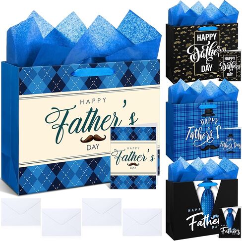 Kolldenn 4 Pcs 13" Father's Day Gift Bags with Tissue Paper & Greeting Cards Happy Father's Day Paper Gifts Bag with Handles Black and Blue Party Favors Bulk for Grandpa Men Dad Uncle, 4 Styles in Kuwait