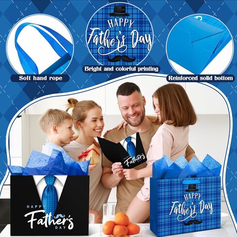Kolldenn 4 Pcs 13" Father's Day Gift Bags with Tissue Paper & Greeting Cards Happy Father's Day Paper Gifts Bag with Handles Black and Blue Party Favors Bulk for Grandpa Men Dad Uncle, 4 Styles in Kuwait