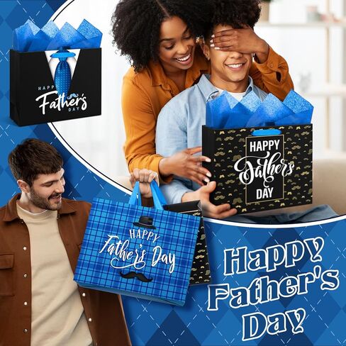 Kolldenn 4 Pcs 13" Father's Day Gift Bags with Tissue Paper & Greeting Cards Happy Father's Day Paper Gifts Bag with Handles Black and Blue Party Favors Bulk for Grandpa Men Dad Uncle, 4 Styles in Kuwait
