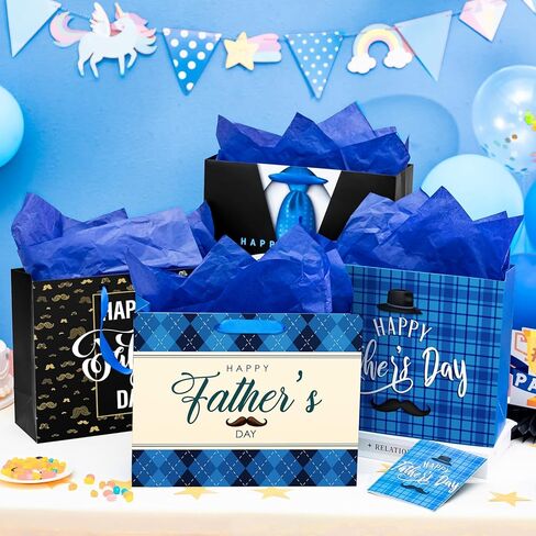 Kolldenn 4 Pcs 13" Father's Day Gift Bags with Tissue Paper & Greeting Cards Happy Father's Day Paper Gifts Bag with Handles Black and Blue Party Favors Bulk for Grandpa Men Dad Uncle, 4 Styles in Kuwait