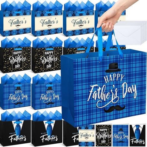 Kolldenn 4 Pcs 13" Father's Day Gift Bags with Tissue Paper & Greeting Cards Happy Father's Day Paper Gifts Bag with Handles Black and Blue Party Favors Bulk for Grandpa Men Dad Uncle, 4 Styles in Kuwait