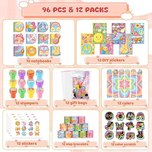 BenLouis 96 Pcs Hippie Boho Party Favors Groovy School Stationery Bulk for Kids Classroom Retro Flowers Birthday Gift Candy Goodie Bag Fillers Daisy Decor Pinata Prize Activity Supplies in Kuwait