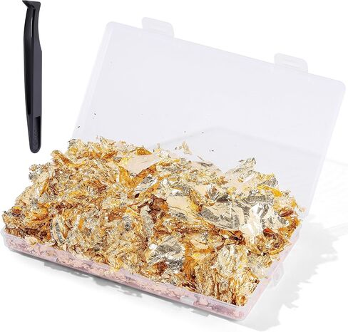 FLOYEUML 15g Gold Flakes Set with Storage Box and Precision Tweezers, Shiny Metallic Foil Flakes for Resin Art, Nail Art, Epoxy Crafts, Painting, Gilding and DIY Decor Projects in Kuwait