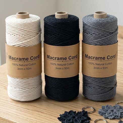 3 Rolls Cotton Macrame Cord 3mm x 50m, 100% Natural Braided Rope String, Thick Twisted Yarn, Peacock Blue + Moonlight Blue + Beige in Kuwait
