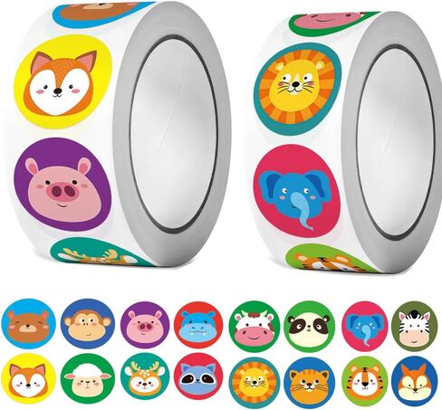 2Rolls Animal Stickers for Kids, 1000PCS Round Stickers for Toddlers Ages 2-4, 16 Designs Farm Wild Cute Panda Cat Elephant Teaching Supplies for Classroom Reward Motivational (Animal1) in Saudi Arabia