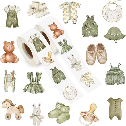 JarThenaAMCS 1008Pcs Baby Shower Stickers Green Beige Bear Clothes Rocking Horse Decals Self-Adhesive Labels for Birthday Baby Shower Party Favor Supplies Envelope Seals, 2 Rolls in Kuwait