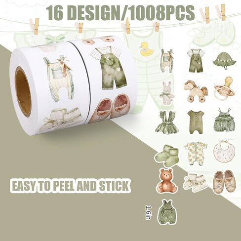 JarThenaAMCS 1008Pcs Baby Shower Stickers Green Beige Bear Clothes Rocking Horse Decals Self-Adhesive Labels for Birthday Baby Shower Party Favor Supplies Envelope Seals, 2 Rolls in Kuwait