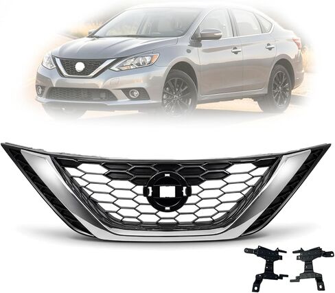 Front Bumper Honeycomb Upper Grille Chrome & Black Grill Compatible with 2016 2017 2018 Nissan Sentra 62310-3YU0A NI1200279 in Saudi Arabia