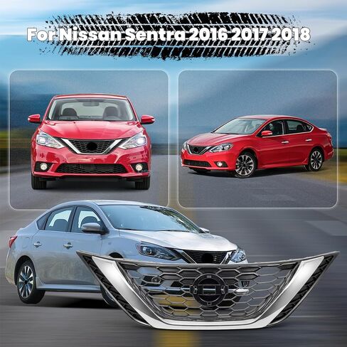 Front Bumper Honeycomb Upper Grille Chrome & Black Grill Compatible with 2016 2017 2018 Nissan Sentra 62310-3YU0A NI1200279 in Saudi Arabia