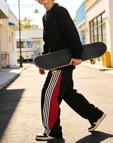 Men's Black Track Pants with Red & White Stripes - Drawstring Waist Casual Loose-Fit Trousers in Saudi Arabia