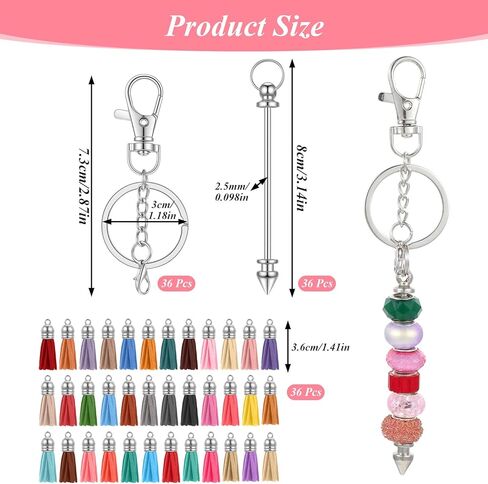 72 Pcs Beadable Keychains Bars Bulk, Included 36 Pcs Beadable Keychain Bars with 36 Colorful Tassel Pendants & 36 Zinc Alloy Clasps, Keychain for Beads Making Supplie in Saudi Arabia