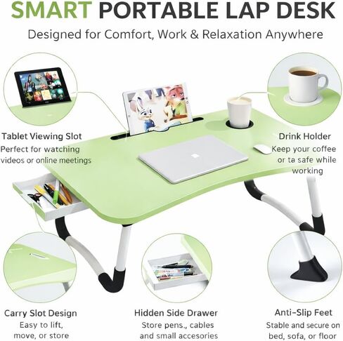 WSA Foldable Laptop Bed Desk with Cup Holder & Tablet Slot Portable Lap Desk Tray Table for Couch Sofa & Bed Large Notebook Stand for Eating Writing Studying Breakfast in Bed (Green) in Kuwait