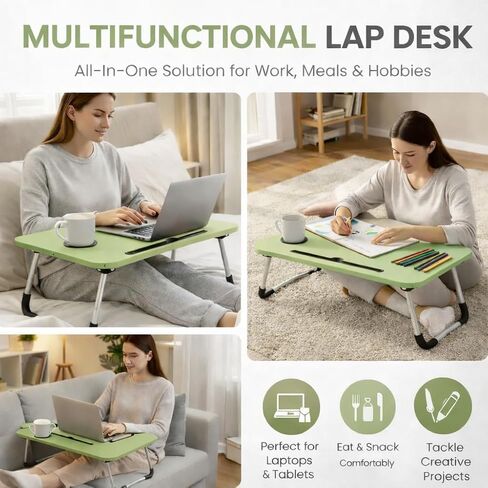 WSA Foldable Laptop Bed Desk with Cup Holder & Tablet Slot Portable Lap Desk Tray Table for Couch Sofa & Bed Large Notebook Stand for Eating Writing Studying Breakfast in Bed (Green) in Kuwait