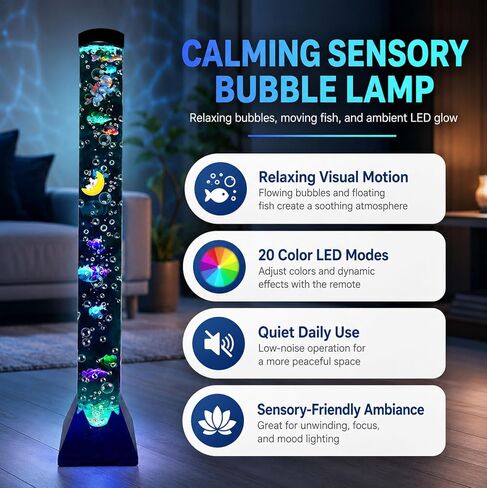 Sensory Bubble Tower Lamp with Bracket: 4 FT Bubble Fish Tube - 20 Color Adjustable 10 Moving Fish - Autism ADHD Friendly Ideal Gifts for Boys Girls in Saudi Arabia
