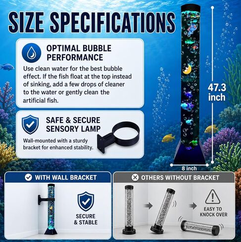 Sensory Bubble Tower Lamp with Bracket: 4 FT Bubble Fish Tube - 20 Color Adjustable 10 Moving Fish - Autism ADHD Friendly Ideal Gifts for Boys Girls in Saudi Arabia