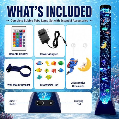 Sensory Bubble Tower Lamp with Bracket: 4 FT Bubble Fish Tube - 20 Color Adjustable 10 Moving Fish - Autism ADHD Friendly Ideal Gifts for Boys Girls in Saudi Arabia
