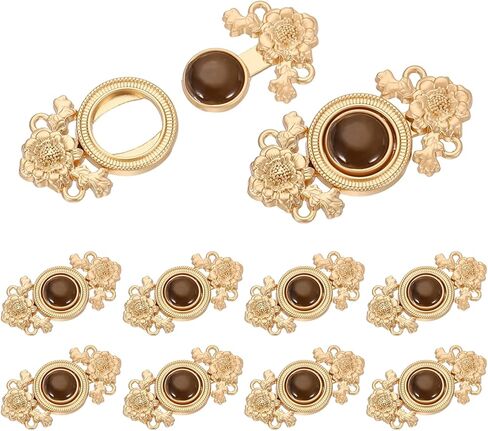 uxcell 10Pcs Vintage Sewing Button with Round Gems, Cloak Clasp Fasteners Flower Hooks and Eyes Cardigan Clip for Sweater Cheongsam Shawl, Brown in Kuwait