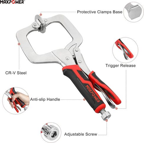 MAXPOWER 11-Inch Locking C Clamp Set, 2 Pack Metal Face Clamp with Large Flat Swivel Pads, Adjustable Heavy Duty C Clamps Locking Pliers for Woodworking, Carpentry, Cabinetry, Welding and Repair in Kuwait