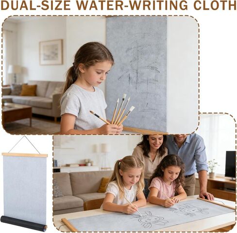 2 Pieces Kids Magic Water Drawing Poster, Reusable Mess-Free Water Doodle Mat with Teak Wood Frame, Large Water Painting Cloths Included, Educational Art Toy Gift for Toddlers Boys & Girls in Saudi Arabia