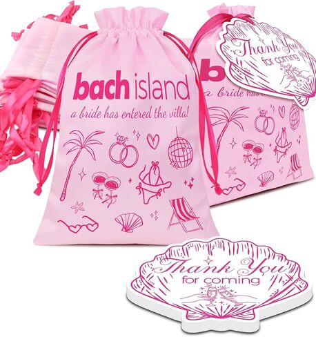 READIGO Tropical Island Bachelorette Party Favor Bags, 12 PCS Pink Beach Island Theme Satin Bags for Birthday, Villa Bride Party Decor in Saudi Arabia