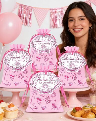READIGO Tropical Island Bachelorette Party Favor Bags, 12 PCS Pink Beach Island Theme Satin Bags for Birthday, Villa Bride Party Decor in Saudi Arabia