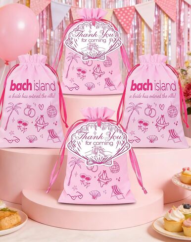 READIGO Tropical Island Bachelorette Party Favor Bags, 12 PCS Pink Beach Island Theme Satin Bags for Birthday, Villa Bride Party Decor in Saudi Arabia