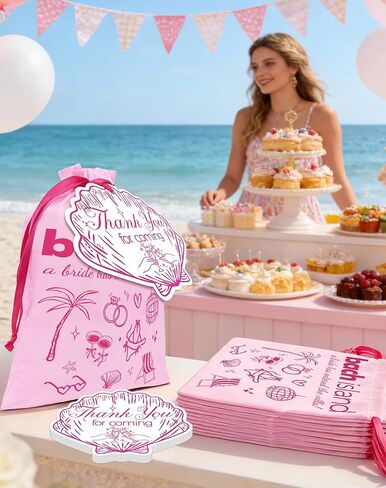 READIGO Tropical Island Bachelorette Party Favor Bags, 12 PCS Pink Beach Island Theme Satin Bags for Birthday, Villa Bride Party Decor in Saudi Arabia