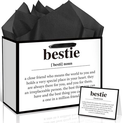 Best Friend Bestie Birthday Gifts for Women, Black and White Bestie Definition Gift Bag with Tissue Paper and Greeting Card, Friendship Gifts for Women BFF Sisters Birthday Wrapping Paper for Galentines Day in Kuwait