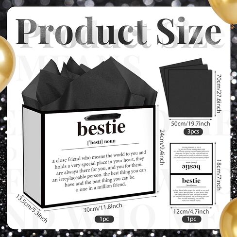 Best Friend Bestie Birthday Gifts for Women, Black and White Bestie Definition Gift Bag with Tissue Paper and Greeting Card, Friendship Gifts for Women BFF Sisters Birthday Wrapping Paper for Galentines Day in Kuwait
