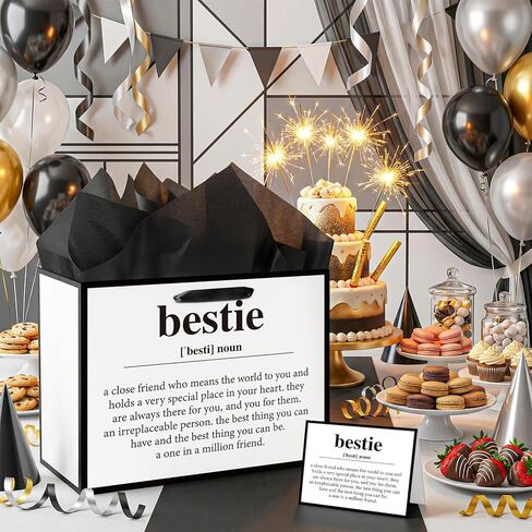 Best Friend Bestie Birthday Gifts for Women, Black and White Bestie Definition Gift Bag with Tissue Paper and Greeting Card, Friendship Gifts for Women BFF Sisters Birthday Wrapping Paper for Galentines Day in Kuwait