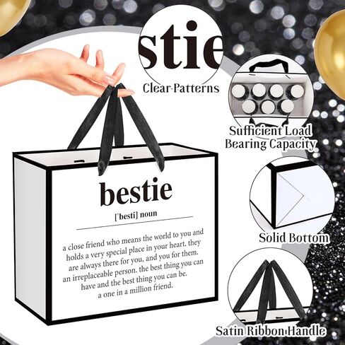 Best Friend Bestie Birthday Gifts for Women, Black and White Bestie Definition Gift Bag with Tissue Paper and Greeting Card, Friendship Gifts for Women BFF Sisters Birthday Wrapping Paper for Galentines Day in Kuwait