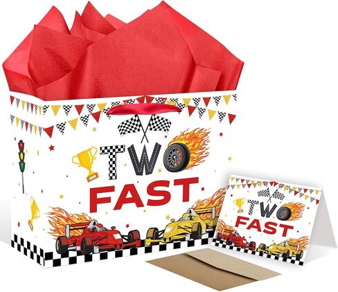 SolarGlory Race Car Gift Bag Set - Two Fast Birthday Decor with Card & Tissue Paper, Large 13" Red/White Racing Themed Gift Bags for 2 Year Old Boys Girls, 2nd Birthday Party Favors & Decorations in Saudi Arabia