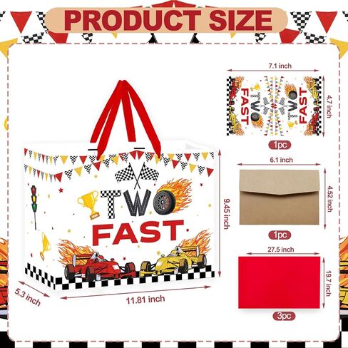 SolarGlory Race Car Gift Bag Set - Two Fast Birthday Decor with Card & Tissue Paper, Large 13" Red/White Racing Themed Gift Bags for 2 Year Old Boys Girls, 2nd Birthday Party Favors & Decorations in Saudi Arabia